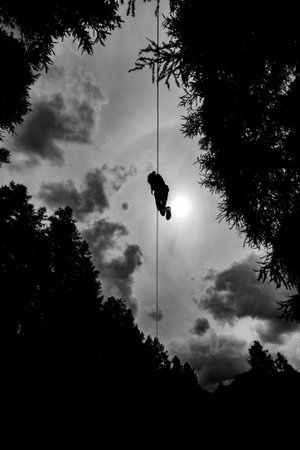Silhouette of a man climbing on a rope in the forest