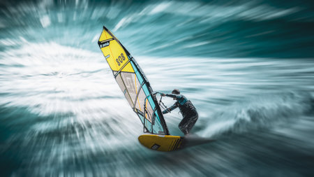 Windsurfing in the ocean. Extreme sport. 3d renderingの写真素材