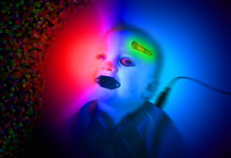cyborg or bionic robot child. mix of kid and computer parts in futuristic nightmareの写真素材