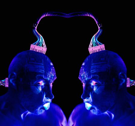 cyborg human robot or vitual reality. head connected to pc wires with motherboard and ram chips in headの写真素材