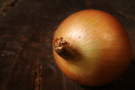 onion on rustic brown wood surface. healthy natural vegetableの写真素材