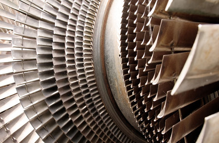 water turbine machine part for turning water jet in to electric power. blades constructed in metal