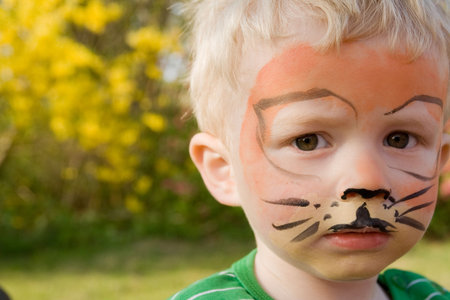 face paint on child. boy as tiger with make-up in garden