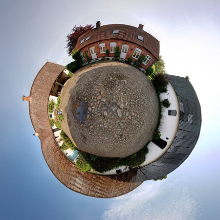 farm courtyard 360 degree view. agriculture buildings sphere of traditional countryside home in denmarkの写真素材