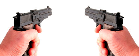 guns isolated on white. Hand holding weapon aiming in to distance
