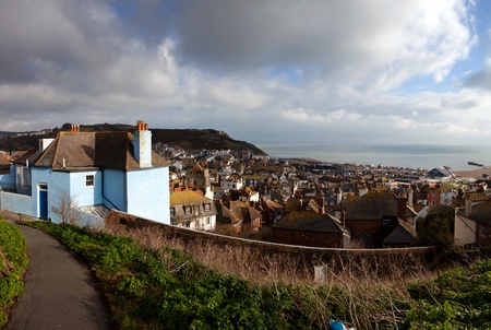 Hastings fishing village, view of the old town. seaside holiday resort in east sussex in England. cityscape with english housesの写真素材