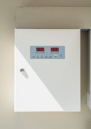 Two metal electricity control box with sign on the wall. electrical cabinet with warning signs and...