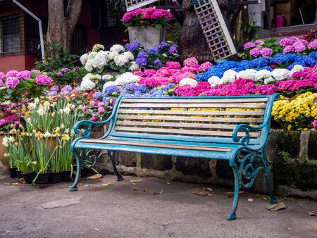 table and chairs standing on a lawn at the gardenの写真素材