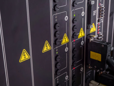 Electrical panel at a assembly line factory. Controls and switches.