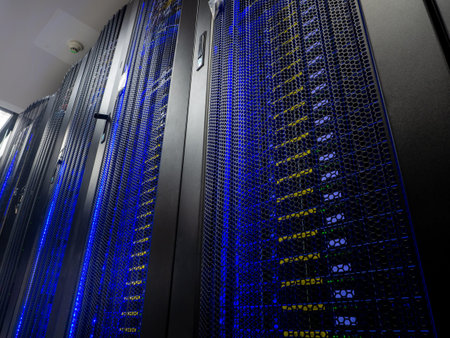Server room data center. Backup, mining, hosting, mainframe, farm and computer rack with storage...