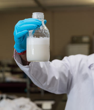 Man wearing blue rubber gloves holding beaker of white liquidの写真素材