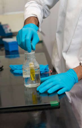 Man wearing protective gloves stirring liquid in beakerの写真素材