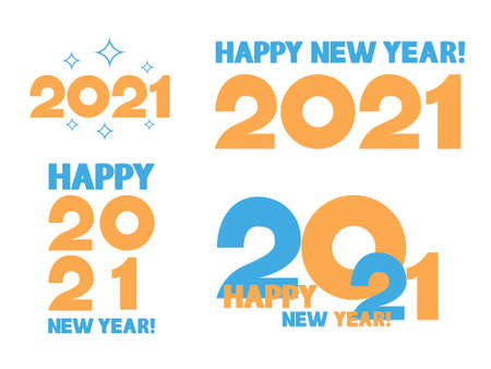 Set of 2020 happy new year signs. Collection of 2020 happy new year symbols. Vector illustration with blue and yellow holiday labels isolated on white background.のイラスト素材