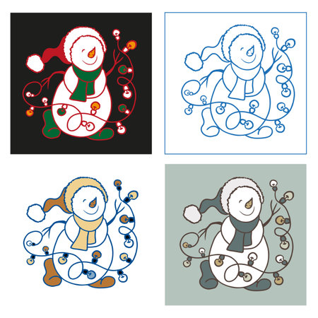 A snowman in a Santa hat and a scarf dancing with illumination lights in four different colors. Flat hand drawing in cartoon style. For winter greeting card, coloring page, illustration, design.のイラスト素材