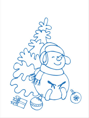 Snowman funny character sitting near a fluffy snow-covered fir tree in a hat and a scarf dreaming happy. Nearby are a gift and decorations for the Christmas tree. Blue line sketch isolated on white baのイラスト素材