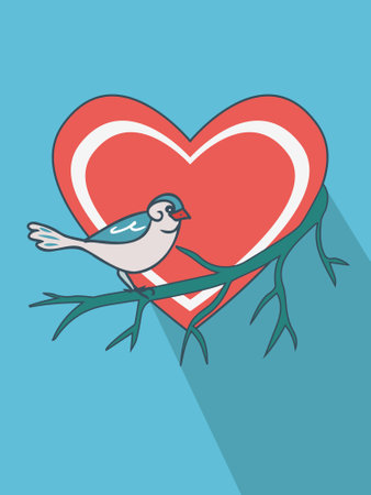 Bird (sparrow) sitting on a leafless bald branch in front of a red heart symbol on a blue background.  Bright hand drawn flat cartoon image. Suitable for Valentine's Day greetings.のイラスト素材