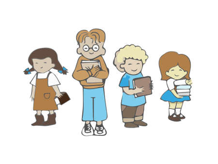Four school aged children holding books in cartoon style isolated on white. Suitable for the theme of the library and the school.のイラスト素材