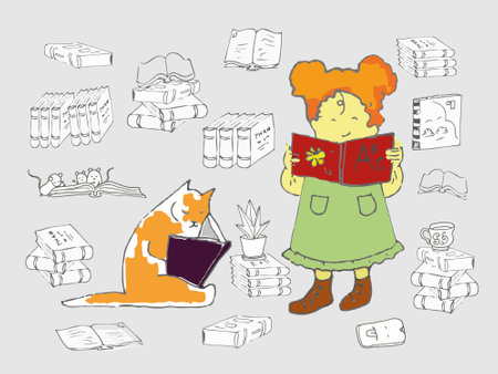A cute red-haired girl in a green sundress standing with the alphabet in her hands among the books, open and closed near a reading cat and mice against the background of books and objects in light gray.のイラスト素材