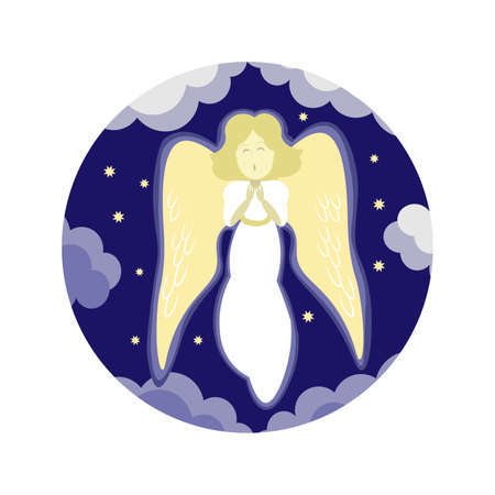 Flying character of a light angel with outstretched wings and praying hands. Suitable for square and round Christmas cards and designs.のイラスト素材