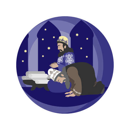 Two cartoon characters with a beard in Persian robes and hats in a pose of prayer and worship with scrolls at night. Suitable for Christmas greetings and designs.のイラスト素材