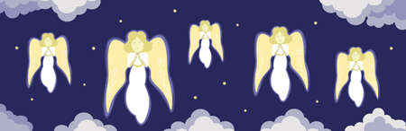 Flying characters of a light angels in cartoon style with outstretched wings and praying hands. Suitable for seasonal greetings and winter designs.のイラスト素材