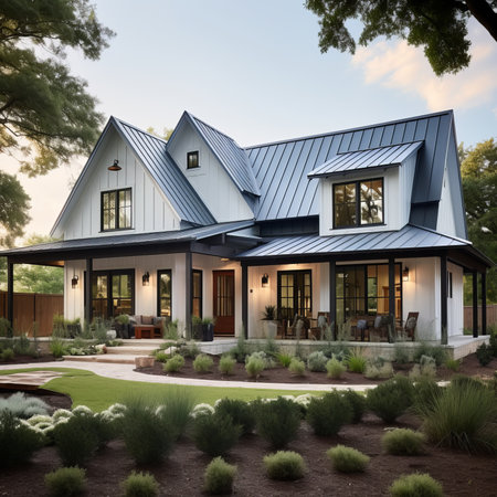 3d rendering of modern cozy house in colonial style with garage and pool for sale or rent. Beautiful landscaping on background. Clear summer evening with golden sunlight.の素材