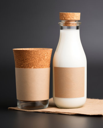 A bottle of milk and a glass on a black background. Copy space.の素材
