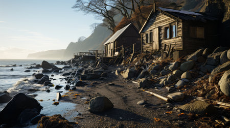 Wooden house on the seashore in the morning light.の素材