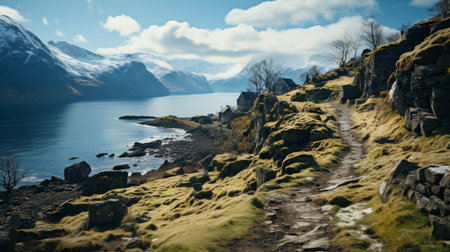 Panoramic view of the fjord and the mountains in Norwayの素材