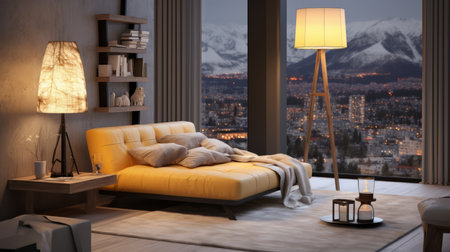 Interior of modern living room with yellow sofa and night city viewの素材