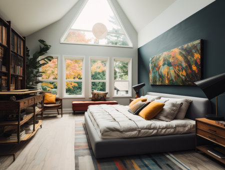 Interior of a living room in a modern house with a large windowの素材