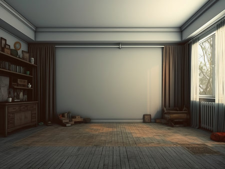3d render of interior of a living room with a large windowの素材