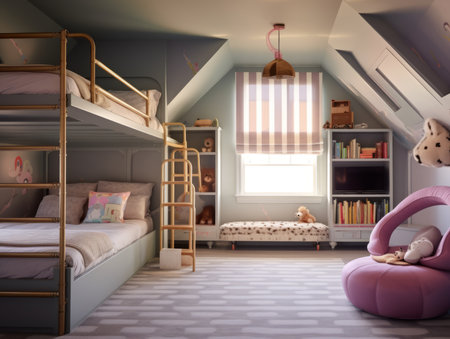 Children's room with bunk beds and bunk beds in scandinavian styleの素材