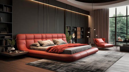 Interior of modern bedroom with brown walls, wooden floor, comfortable red sofa and bookcase. 3d renderingの素材