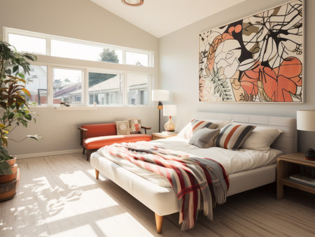 Interior of a modern bedroom with a double bed and a decorative wallの素材