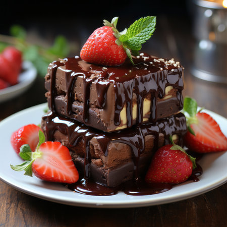 Chocolate cake with strawberries and mint on a wooden table, selective focusの素材