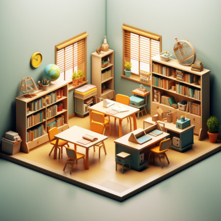 3D Illustration of an isometric study room interior with bookshelf and chairの素材