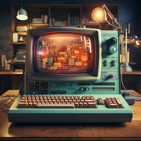 Retro computer with cityscape on the screen. 3d renderingの素材