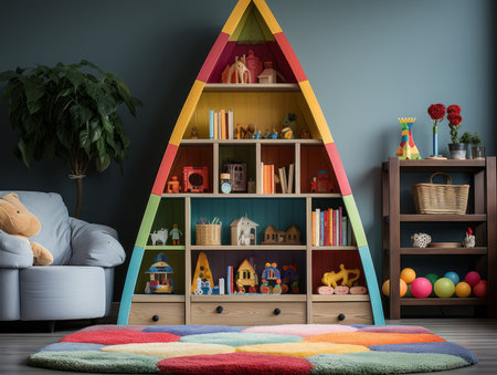 Interior of a children's room with a bookcase, a sofa and toysの素材