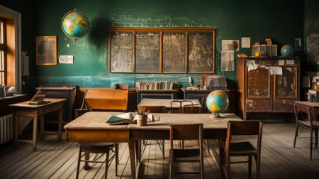 Interior of an old school classroom on a wooden floor and a green wallの素材