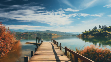 Wooden pier on the lake with mountain in the background, Thailandの素材