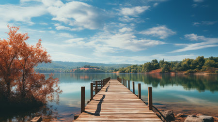 Wooden pier on the lake in autumn. Beautiful nature background.の素材