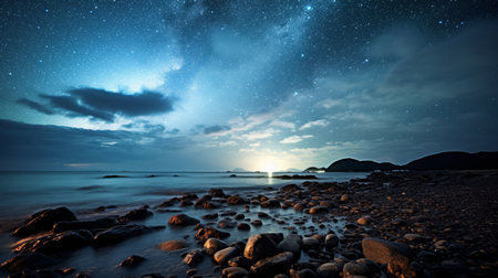 Night sky with stars and milky way over a rocky beach.の素材