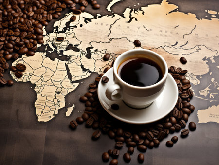 Coffee cup and coffee beans on the world map background.の素材