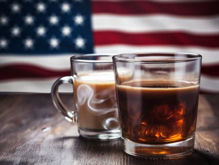 Coffee in a glass and american flag on wooden backgroundの素材