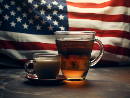 Cup of tea and american flag on wooden table. Toned.の素材