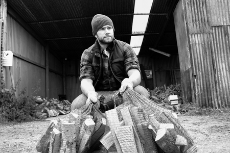 Handsome male lumberjack chops firewood in yardの写真素材
