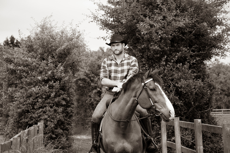Handsome cowboy, horse rider on saddle, horseback adn bootsの写真素材