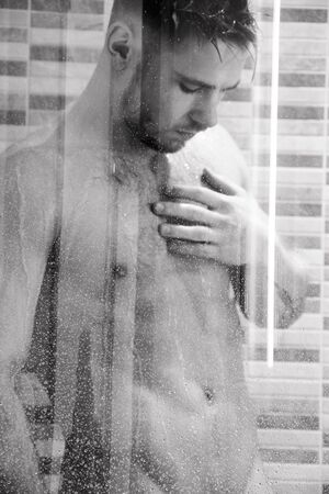 Attractive naked man with beard in shower looking at cameraの写真素材