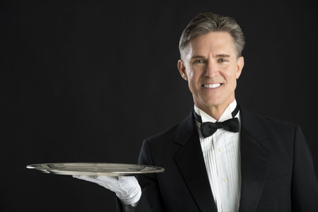 Portrait of confident waiter in tuxedo with serving tray isolated over black backgroundの写真素材